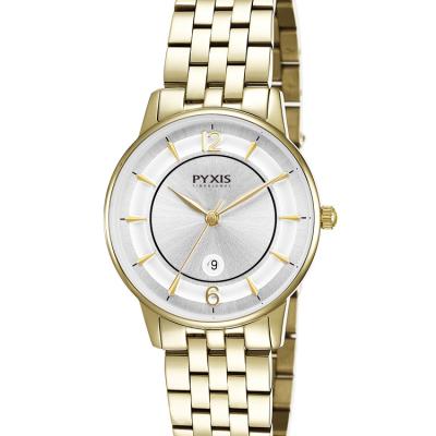 China Lady Quartz Wrist Watches Day/Date Three Hands Date Gold Case Band Silver Dial for sale