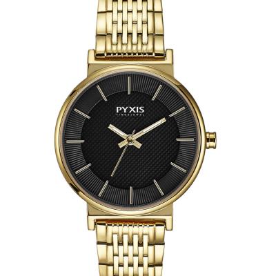 China Day/Date Gold Case Band Black Dial Stainless Steel Woman Lady Quartz Watches for sale