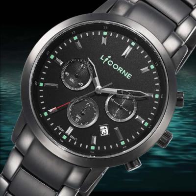 China Black Top LICORNE LT135 Black Plating Stainless Steel Dial 43mm Sport Day/Date Men Quartz Watch Black for sale