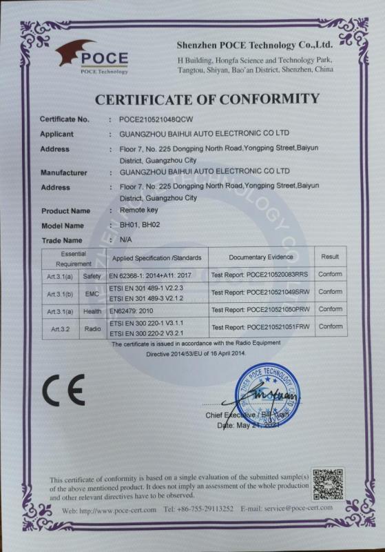 CE - Guangzhou Baihui Auto Electronic Co., Ltd.