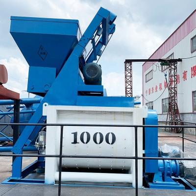 China Building Material Shops JS1000 50m3/h Forced Horizontal Twin Shaft Concrete Mixer Concrete Machinery With Cement Hopper for sale