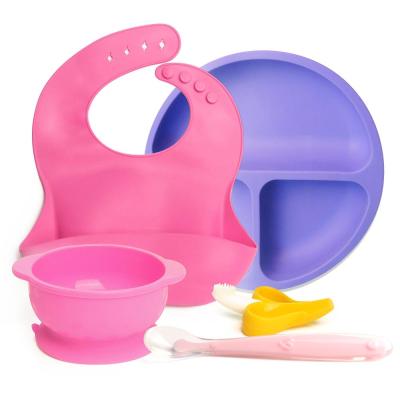 China BPA free silicone baby food grade set bib+suction bowl+spoon+ baby toother blue+baby feeding dish for sale