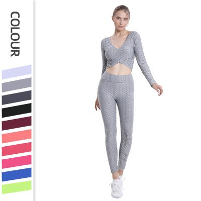 China 2022 Breathable Hot Selling Sexy Yoga Jacquard Bubble Sleeve Jacket Double Breasted Long Set for sale