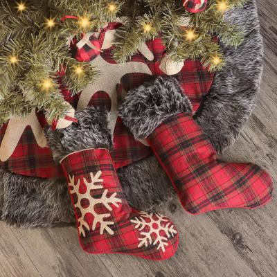 China Christmas Stockings Burlap with Large Plaid Snowflake and Plush Faux Fur Cuff Stockings for Family Holiday Party Decor for sale