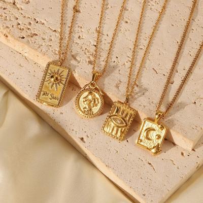 China FASHIONABLE New Arrivals 18k Gold Plated Embossed Sun Diamond Eye Pattern Square Stainless Steel Moon Pendant Necklace For Women Jewelry for sale