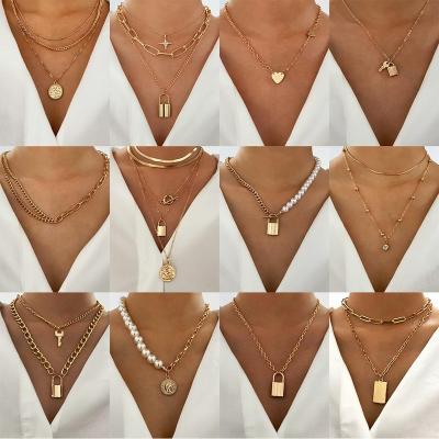 China 2022 Trendy Multilayer Cross Metal Pearl Necklace Bobo Locket Portrait Coin Pendant Chain Necklace Environmentally Friendly Gold For Women Girls for sale