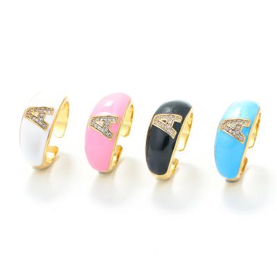 China Environmental Friendly Hot Selling Zircon Band Initials A-Z Letter Rings 26 Alphabet Colorful Oil Drop Open Adjustable Ring For Women Girls for sale