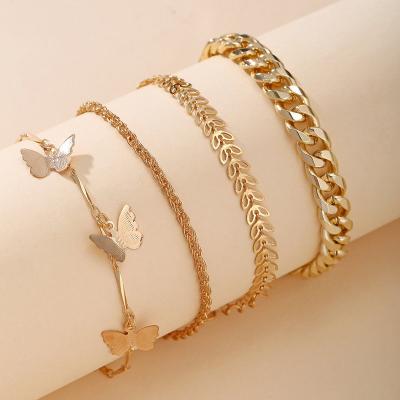 China Wholesale FASHIONABLE 4pcs/set Butterfly Pendants Cuban Chains Anklet Set Gold Plated Jewelry Bracelets Anklets For Women for sale