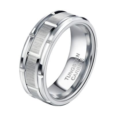 China 2021 CLASSIC Hot Sale High Quality Silver Brick Pattern Brushed Engagement Promise Comfort Fit Wedding Band 8mm Tungsten Rings For Men for sale