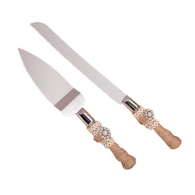 China Wedding Supplies Stainless Steel Harden Knife Pie Server Set Rustic 1Pie Server and 1Cutting Knife Bride Groom Gifts With Jute Handles for sale