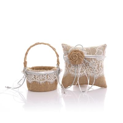 China Luxury Wedding Decoration 1set Bridesmaids Basket and Ring Pillow Set for Wedding Decoration with Lace and Bow Decoration for sale