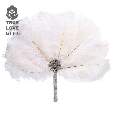 China Wedding Party Handmade White Bridal Bouquet Rhinestone Brooch Peacock Ostrich Feather Fan Large For Wedding for sale