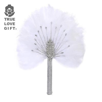 China Wholesale Fast Shipping Nigerian Wedding Party Feather Fan Ostrich Feather Around Fan Shaped With Beads And Stones Wedding And Party for sale