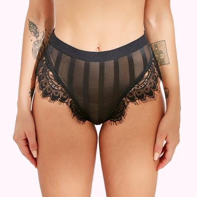 China Antibacterial Striped Lace Up Mesh Fabric Multicolor Optional Luxury Transparent Sexy Thongs Ropa Briefs Inner Cavity Temptation Panties for sale