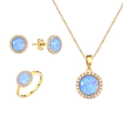 China Nickel Free/Environmental Friendly/Soft 925 Sterling Silver Bezel Setting Cz Pave Gold Plated Brazilian Blue Opal Necklace Earring Ring Jewelry Set Fire for sale