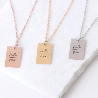 China CLASSIC inspire stainless steel jewelry factory CUSTOM ENGRAVED FAITH OVER FEAR RECTANGULAR PENDANT NECKLACE for sale