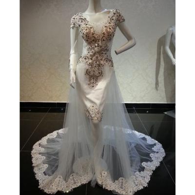 China Anti-Static White Design Tulle Field Train Crystal Evening Dress for sale