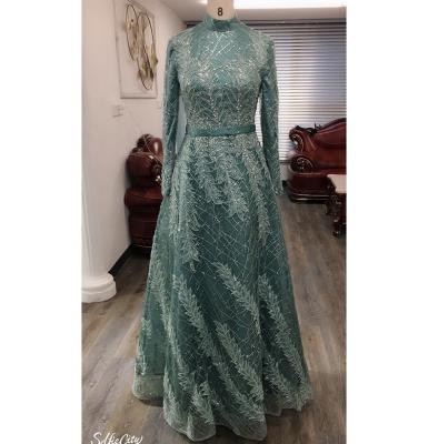 China Long Sleeve Green Color Arabic Evening Dresses Sequin Anti-Static Dress for sale