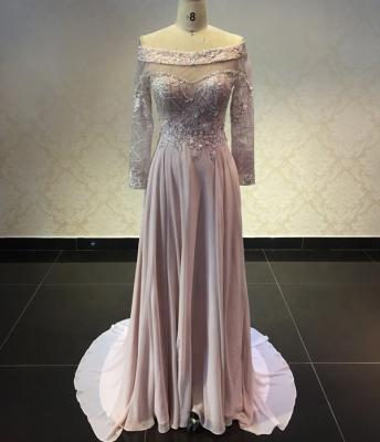 China Anti-Static Bateau Neck Beading Long Sleeve Evening Dress Dusty Pink Prom Dress for sale