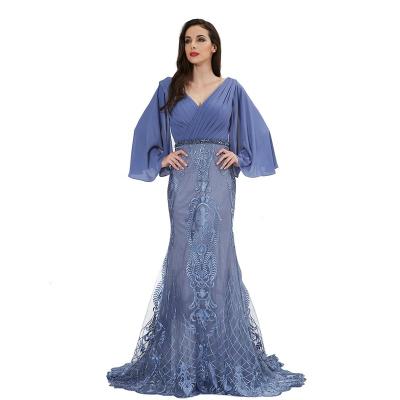 China Anti-Static Full Sleeve Deep V-neck Blue Trumpet Prom Dress for sale