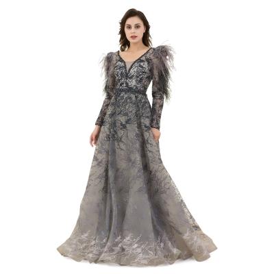 China Jumila 2021 Black Polyester Embroidered Feather Dress Floor Length Anti-Static Lace Evening Dress China Factory Wholesale for sale