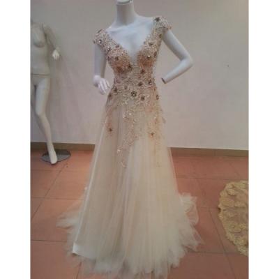 China Anti-Static Beading Champagne Color Bridesmaid Dress Ball Gown Sequin V-Neck Wedding Dress for sale