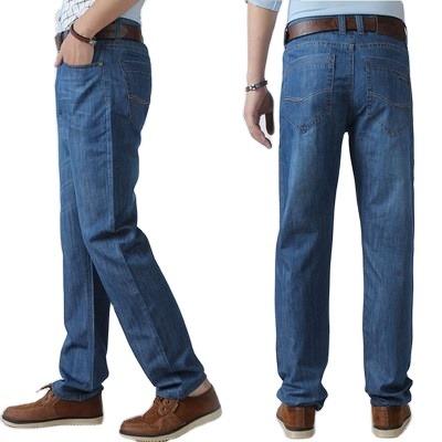 China 2022 new QUICK DRY blue flat waist straight men's business casual pants plus elastic fat men's oversized jeans for sale