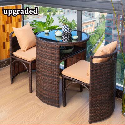 China Outdoor Balcony Patio Furniture 3 Pcs Waterproof Rattan Space Saver Coffee Table And Chairs Set For 2 for sale