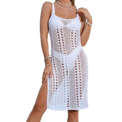 China Plus Size 2022 Crochet Cover Ups For Women Hollow Out Bikini Swimwear Swimwear Sleeveless Side Split Long Beach Dresses for sale