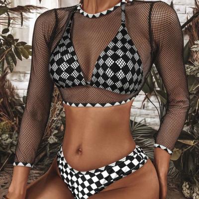 China 2022 Women's Breathable Ladies Gingham Black White Swimsuit 3 Piece Swimwear Bathing Suit Beach Bikini Set for sale