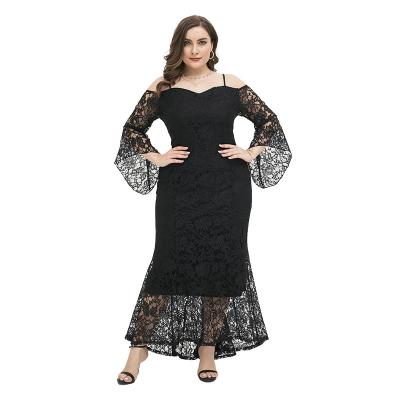 China Anti-Wrinkle Plus Size Women's Lace Bell Sheaths Pencil Dress Party Bodycon Fishtail Dresses Long Lace Dress With Flare Sleeves for sale