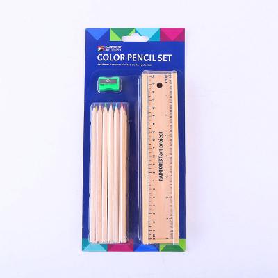 China Student Blister Pack Kids Natural Wooden Color Pencils Sets With Pencil Case And Wooden Ruler for sale