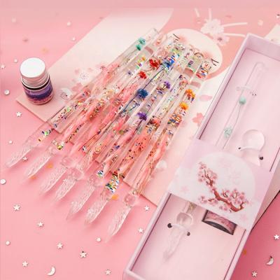 China Student 2 Pieces Flower Crystal Glass Dip Pen Vintage Signature Ink Dip Pen Clear Glass Pen Business Gift Handmade Set for sale