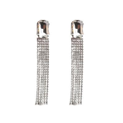 China New Big Heavy Hyperbole Gemstone Fringe Earrings Waterfall Set With Diamond Exaggerated Long Earrings Style Ear Clip Dinner Lady for sale