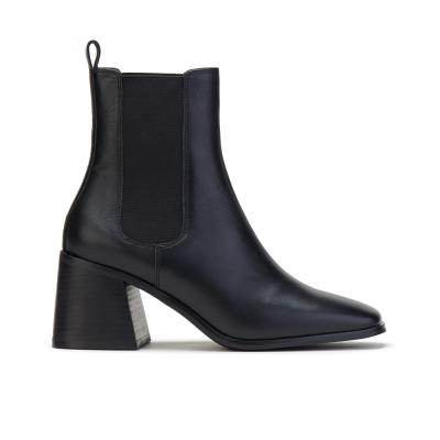 Chine Bottes à chevilles en cuir authentique pour femmes Slip-On Side Elastique Elastique Band épais talon carré à vendre