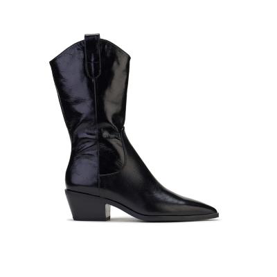 China Black Waxed Leather Below The Knee Thick Heeled Boots Highs For Daily Wear for sale