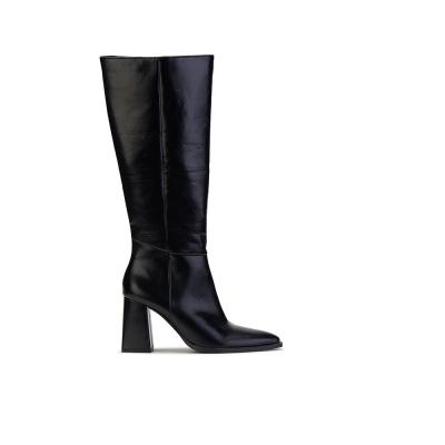 China Schwarze Leder-Schenkel-Hochstiefel mit Fersen-Knie-Hochstiefel mit Chunky Fersen zu verkaufen