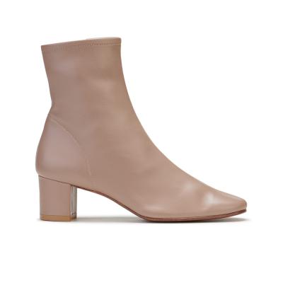 China Apricot Chunky Heel Knöchel Stiefel Quadratzehe Echte Leder Damen Stiefel zu verkaufen