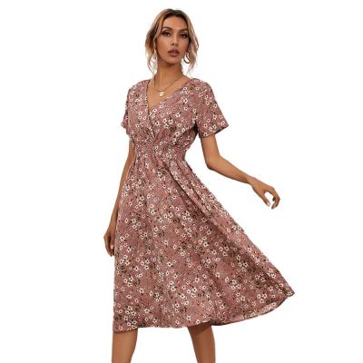 China Anti-Wrinkle Summer Satin Women A-line Ladies Dress Floral Print Cute Casual Dresses for sale