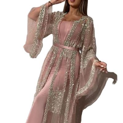 China Gorgeous Pieces Of Dry Cleaning Sequin Dressy Dress 2 Pieces See Through Long Cape Dress Long Sleeve Evening Dresses Womens Dresses for sale