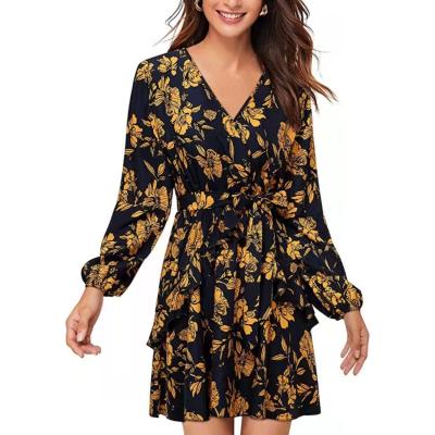 China Floral Print Breathable Ruffle Long Sleeve Casual Dress With Belt For Feminine Women Ladies for sale