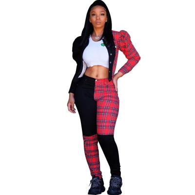 China Breathable Long Sleeve Plaid Tops Slim Fit Pants Differential Chart Sides Two Piece Sets Women for sale