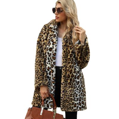 China Anti-wrinkle Leopard Faux Fur Collar Coat Winter Autumn Loose Jacket For Women Long for sale