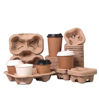 China Recyclable disposable biodegradable pulp moulded cup carrier Coffee Tea Hot Drink take away paper cup holder  tray for 2/4 cups for sale