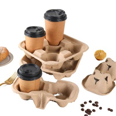 China Recyclable disposable biodegradable pulp moulded cup carrier Coffee Tea Hot Drink take away paper cup holder  tray for 4 cups for sale