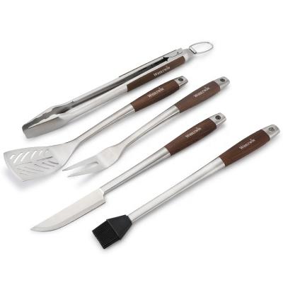 China New design emulational easily cleaned wood style handle stainless steel barbecue tongs grill tools for barbecue for sale