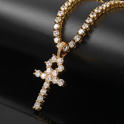 China Environmental Friendly Wholesale Tennis CZ Ankh Pendant Diamond Cross Necklace Nuoya Hip Hop Bling Jewelry for sale