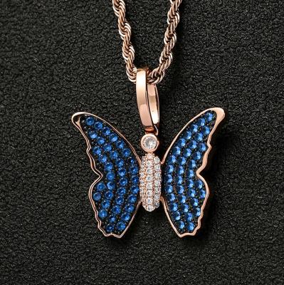 China Solid Iced Out Environmentally Friendly Hip Hop Blue Icy Butterfly Pendant Iced Out Butterfly Necklace for sale