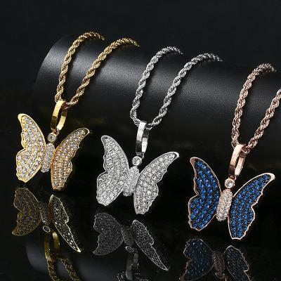 China Hiphop Hip Hop Iced Out Butterfly Jewelry Blue CZ Zircon Butterfly Pendant Necklace For Girls for sale