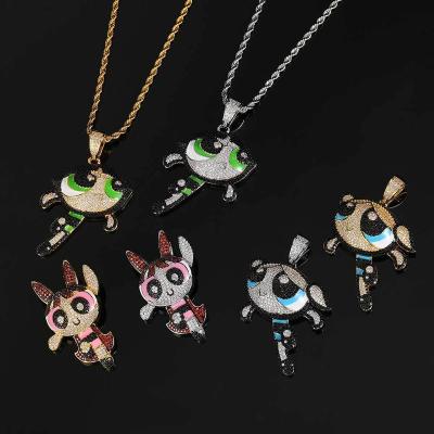 China Wholesale PowerPuff Girls Hip Hop Charm Necklace Environmental Friendly Micro Pave Cartoon Pendant Necklace Iced Out Pendant for sale